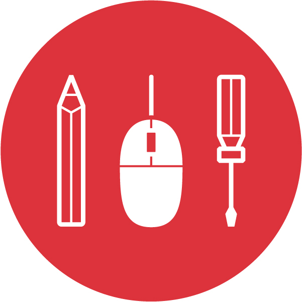 Symbolbild mit Bleistift, Maus und Schraubenschlüssel.